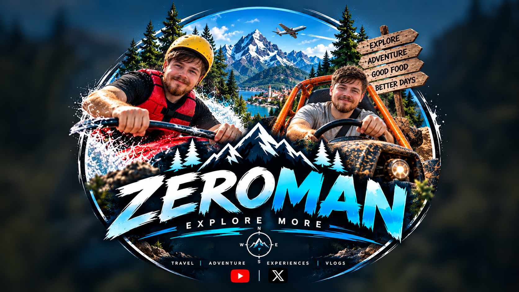 Zero Man adventure artwork featuring Ryan rafting and driving a buggy beneath an alpine sky